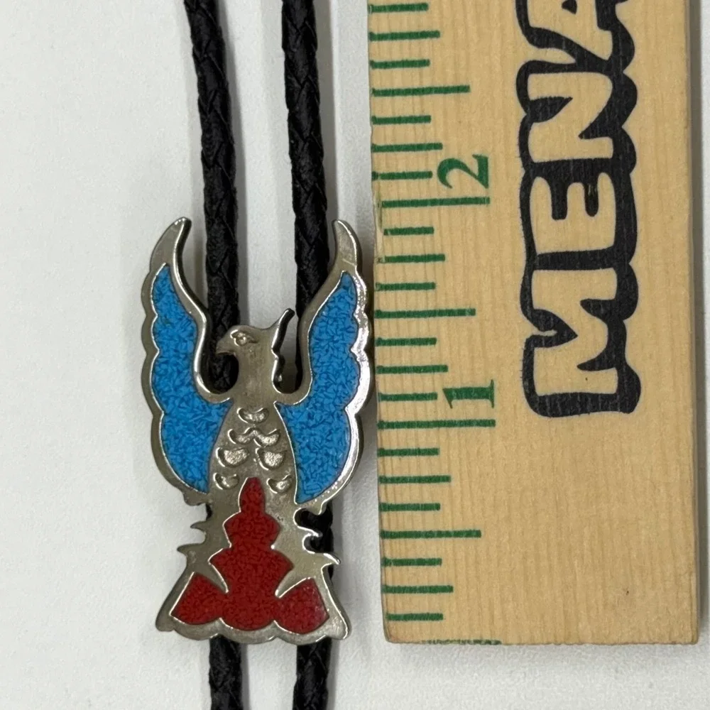 Vtg SSI Thunderbird Bolo Tie Silver‎ Tone Blue Red Enamel Western Southwestern